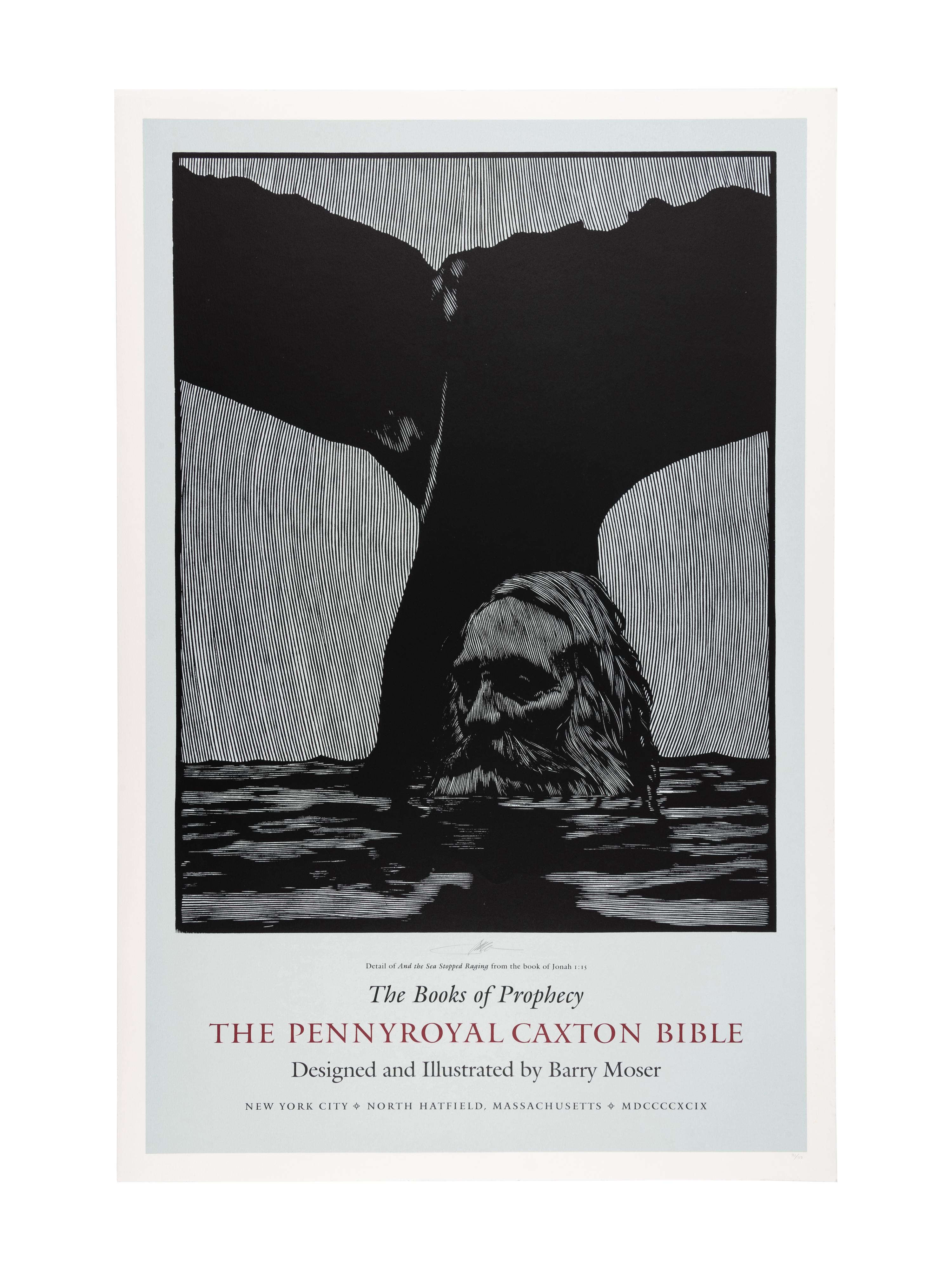 [POSTERS]. 3 silkscreen promotional posters for the Pennyroyal Caxton Bible. North Hatfield, MA and New York City: Pennyroyal Caxton Press, 1999. Each 38 1/4 x 24 1/4 in. LIMITED EDITIONS, each one of 50 copies, each signed by Moser. Comprises posters for The Books of the Prophecy , The Five Books of Moses and The Books of the New Testament .