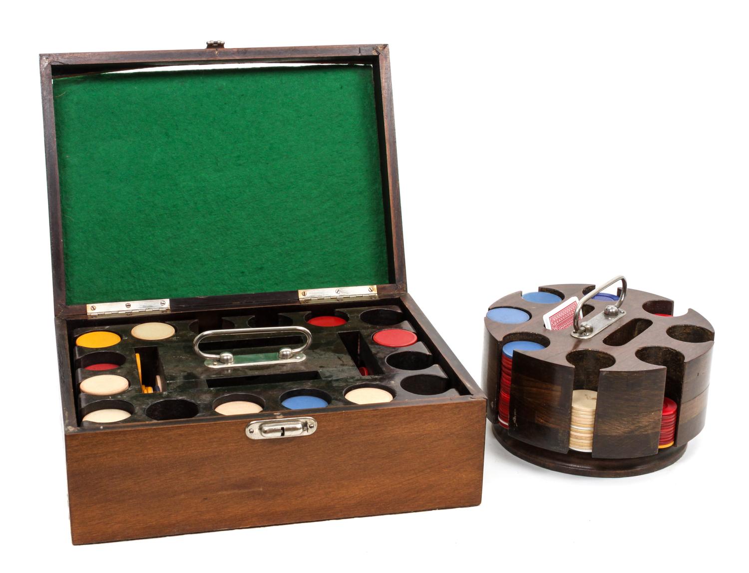 Two Mahogany Containers of Poker Chips First height 5 x width 13 x depth 9 1/2 inches.