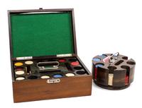 Two Mahogany Containers of Poker Chips First height 5 x width 13 x depth 9 1/2 inches.