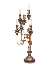 An Italian Silvered and Polychrome-Decorated Six-Light Candelabrum