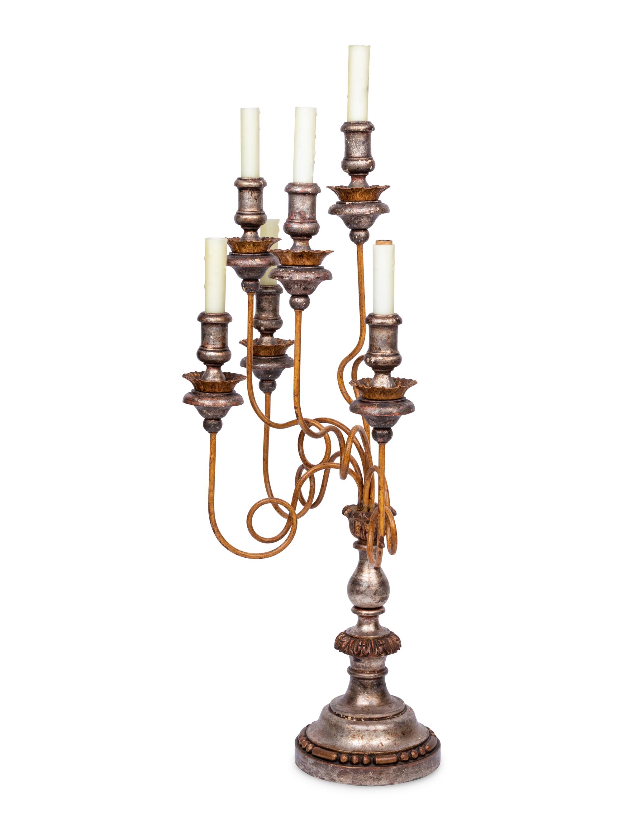 An Italian Silvered and Polychrome-Decorated Six-Light Candelabrum