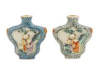 Two Molded Famille Rose Porcelain Snuff Bottles