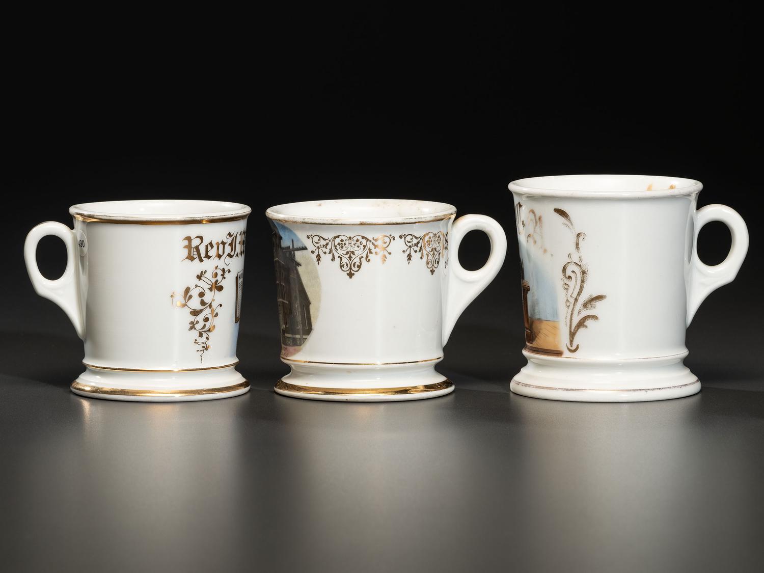 Three Porcelain Occupational Shaving Mugs of Religious Interest