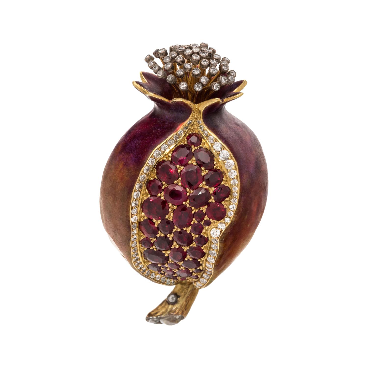 EVELYN CLOTHIER, DIAMOND, RUBY AND ENAMEL POMEGRANATE BROOCH