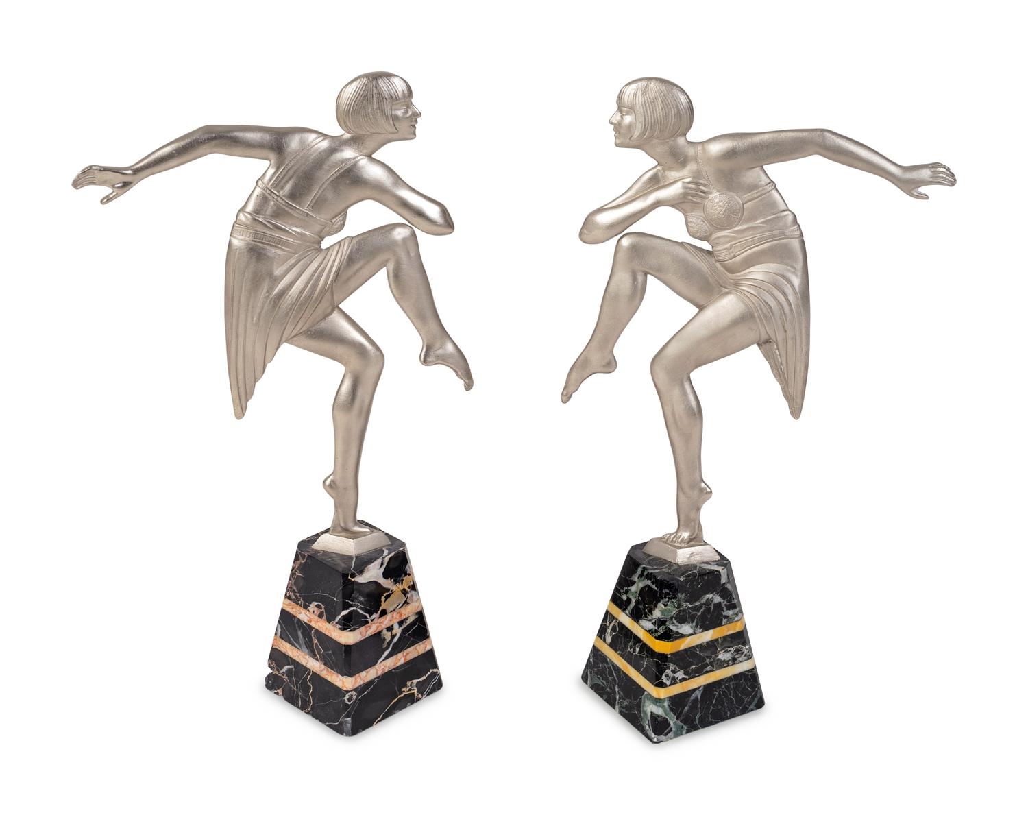 A Pair of Art Deco Silvered Metal Dancers on Marble Bases Signed Janle — 20TH CENTURY