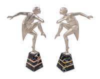 A Pair of Art Deco Silvered Metal Dancers on Marble Bases Signed Janle — 20TH CENTURY