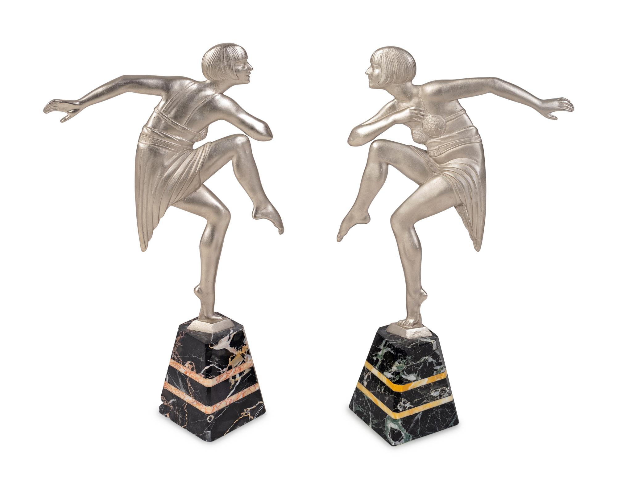 A Pair of Art Deco Silvered Metal Dancers on Marble Bases Signed Janle — 20TH CENTURY
