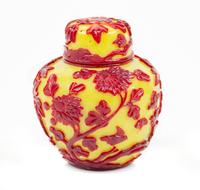A Red Overlay Yellow Peking Glass Ginger Jar and Cover Height 5 inches. — 19TH CENTURY
