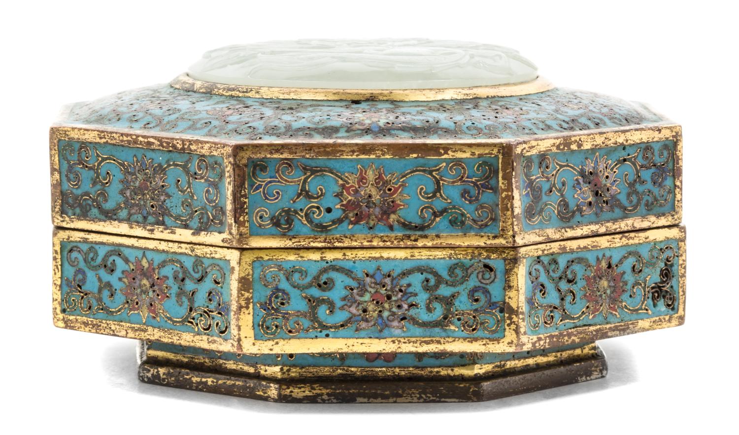 A Jade Inset Cloisonne Enamel Box and Cover Height 2 1/2 x width 4 3/4 inches.
