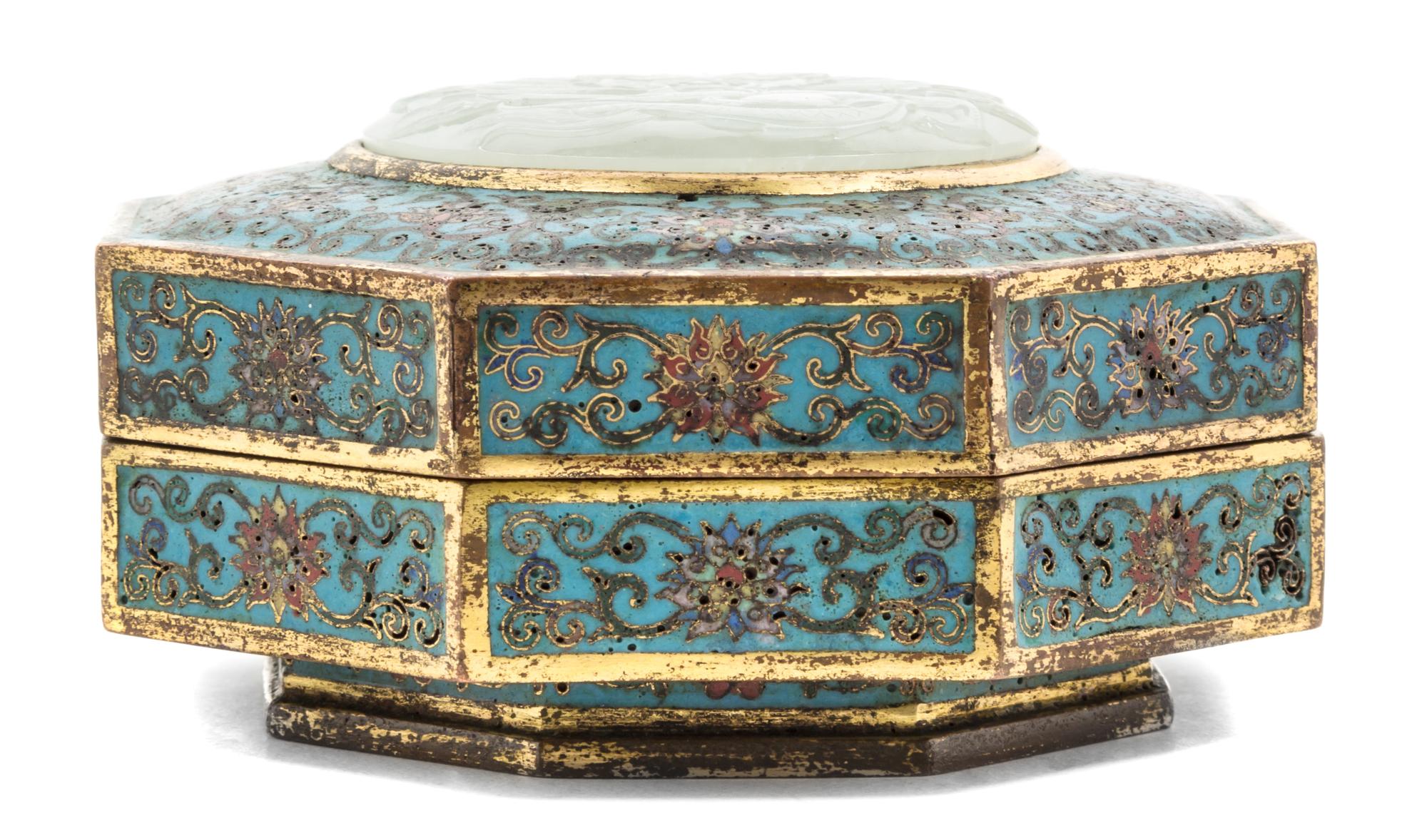 A Jade Inset Cloisonne Enamel Box and Cover Height 2 1/2 x width 4 3/4 inches.