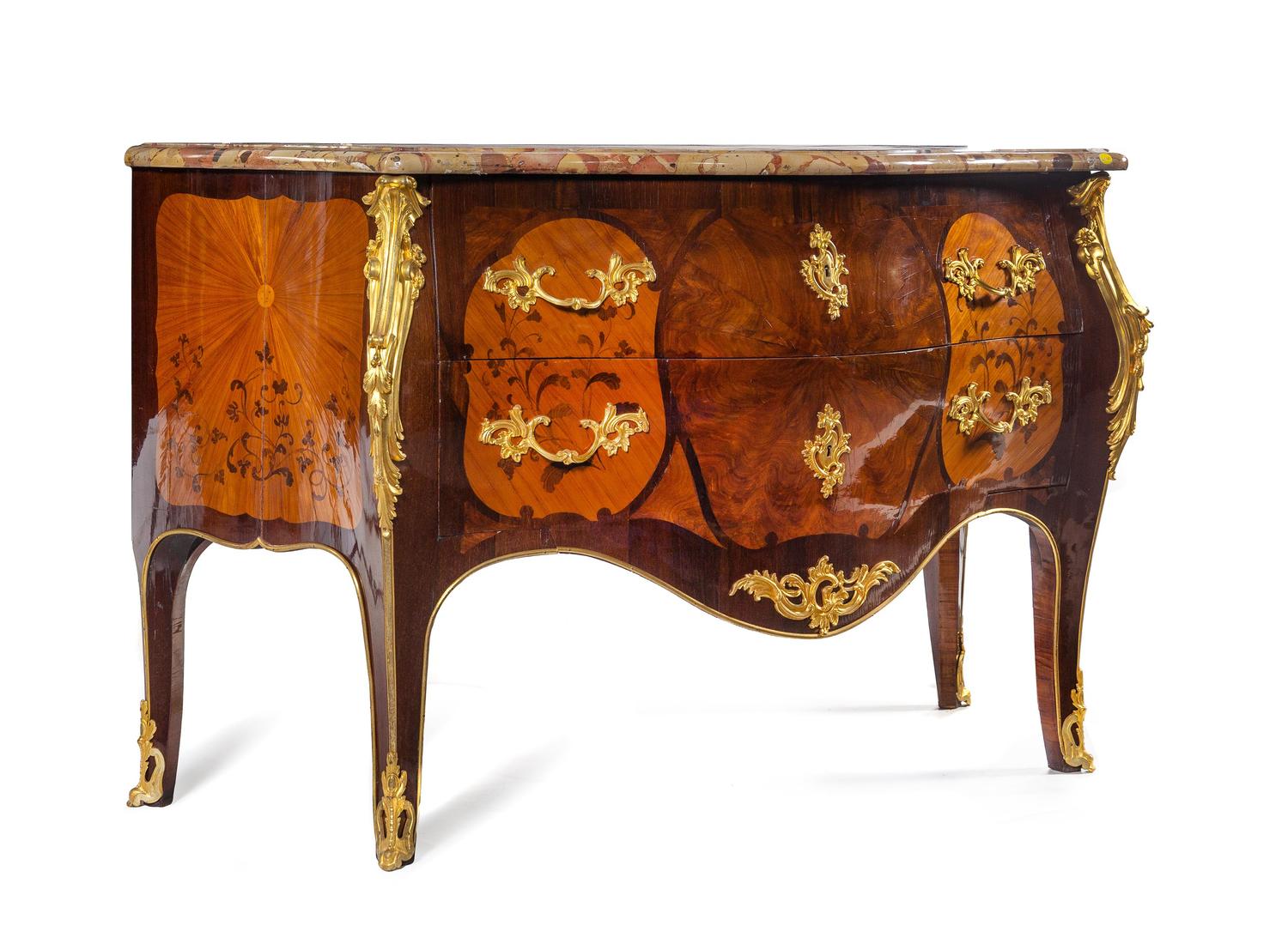 A Louis XV Style Gilt Bronze Mounted Marquetry Marble-Top Commode