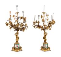 A Pair of Sèvres Style Porcelain Mounted Gilt Bronze Six-Light Candelabra
