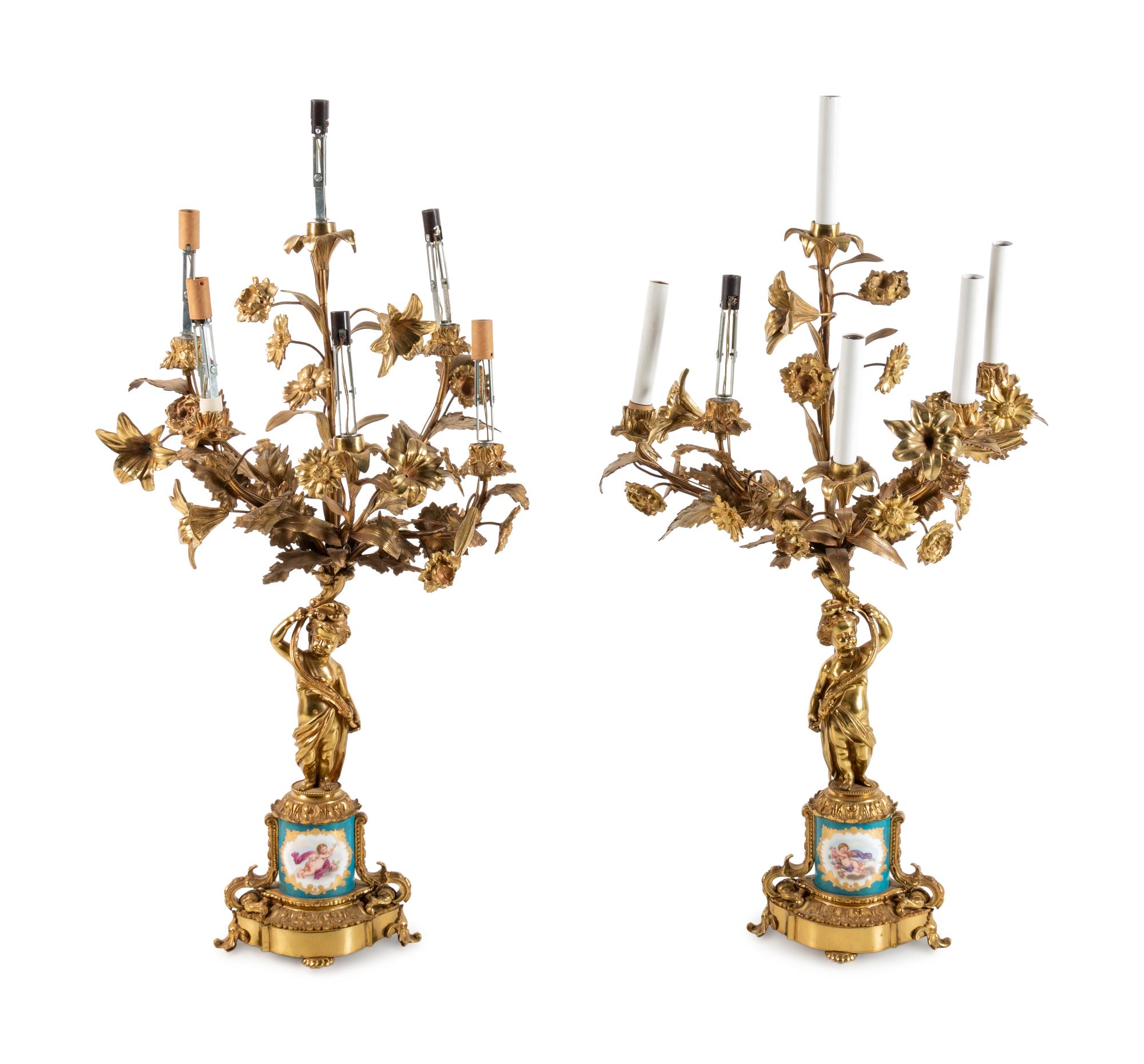 A Pair of Sèvres Style Porcelain Mounted Gilt Bronze Six-Light Candelabra