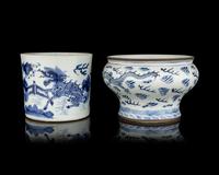 Two Chinese Blue and White Porcelain Scholar's Objects