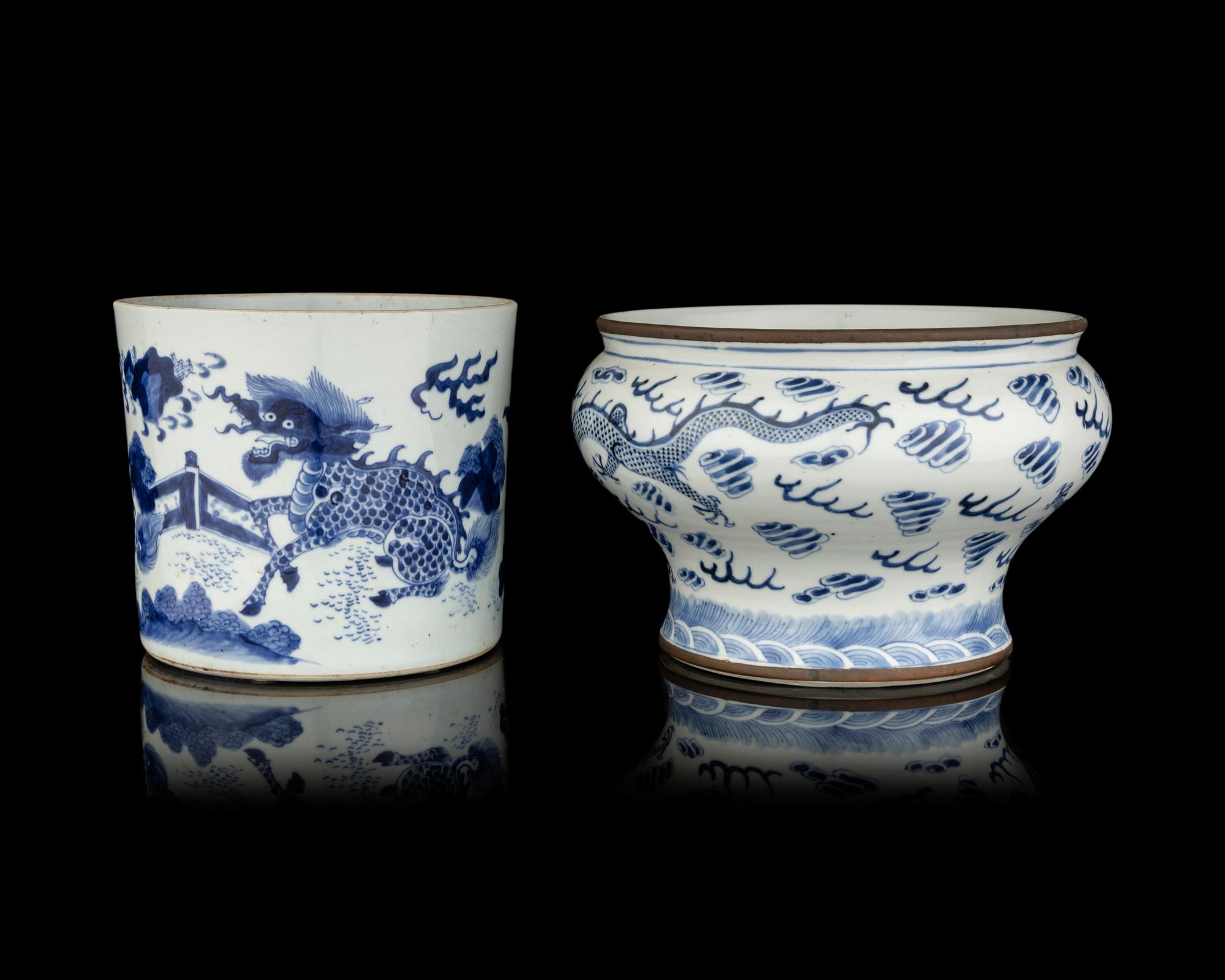 Two Chinese Blue and White Porcelain Scholar's Objects