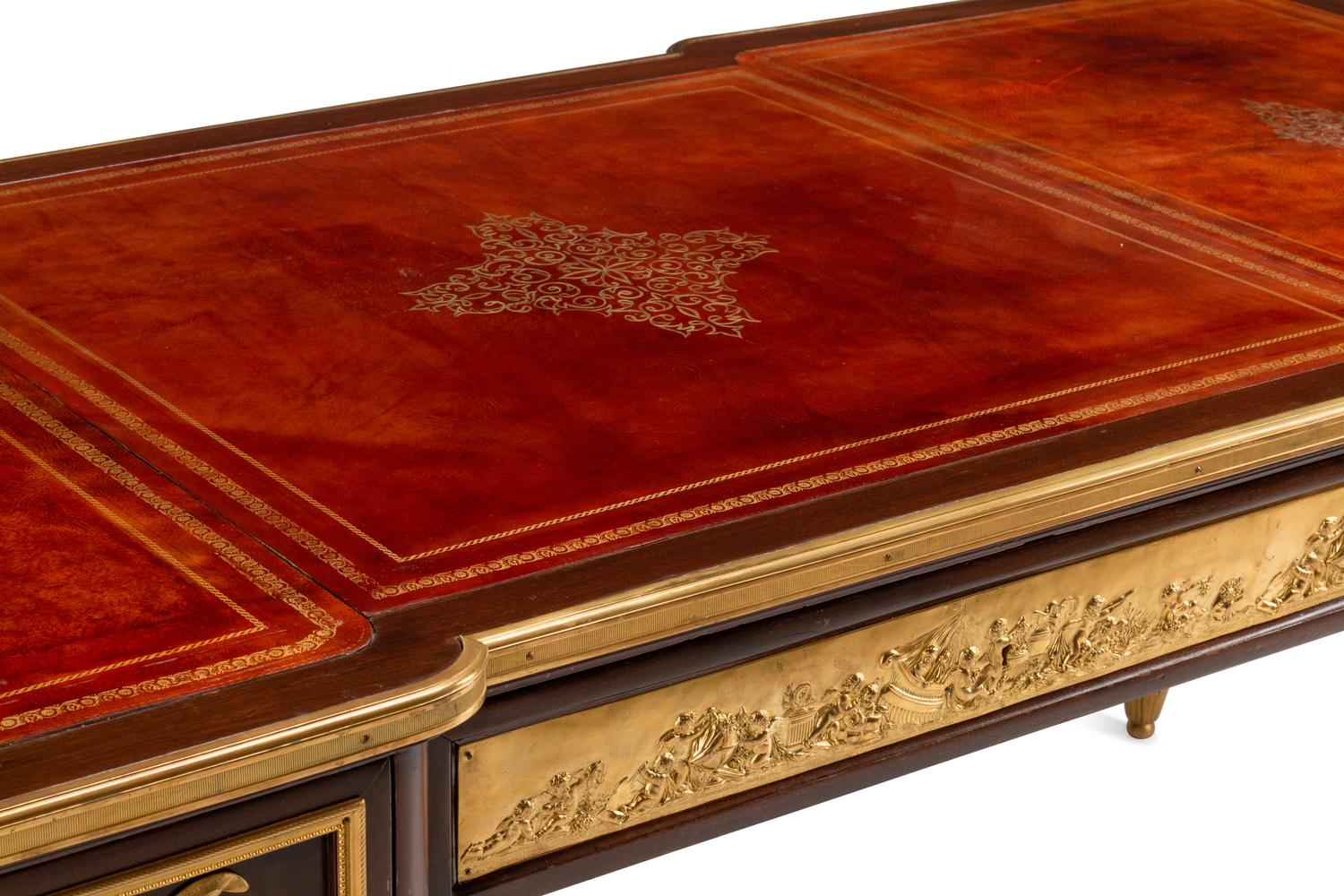 A Louis XVI Style Gilt Bronze Mounted Mahogany Bureau Plat