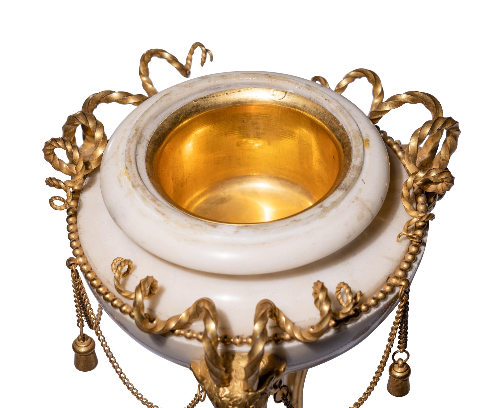 A Pair of Late Louis XVI Gilt Bronze Mounted White Marble Cassolettes
