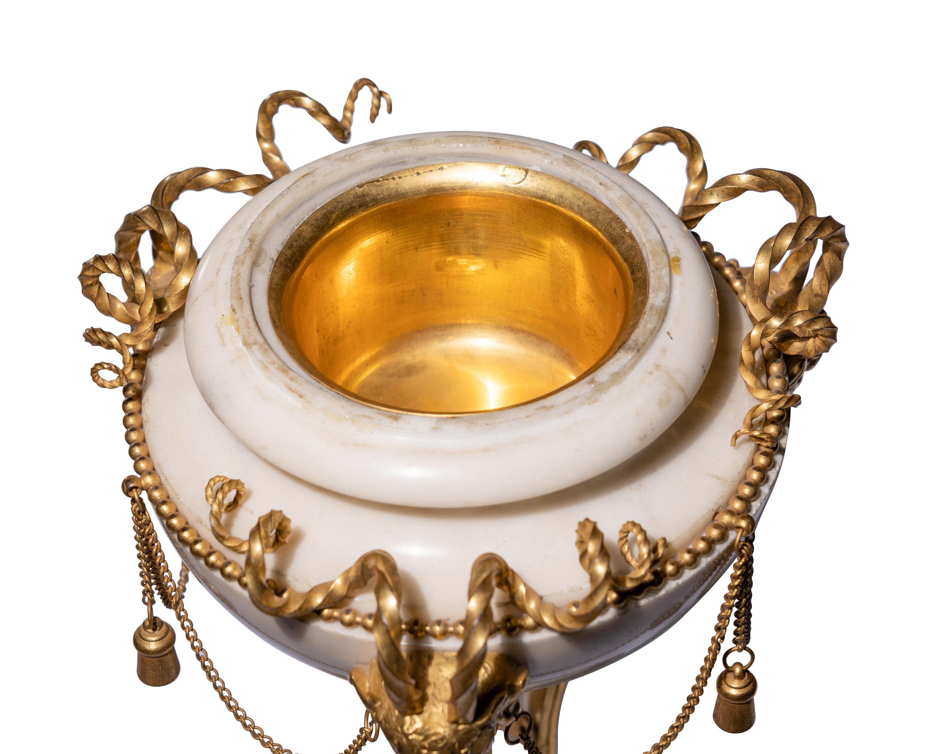 A Pair of Late Louis XVI Gilt Bronze Mounted White Marble Cassolettes