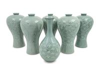 Six Korean Celadon Ground 'Crane and Cloud' Vases