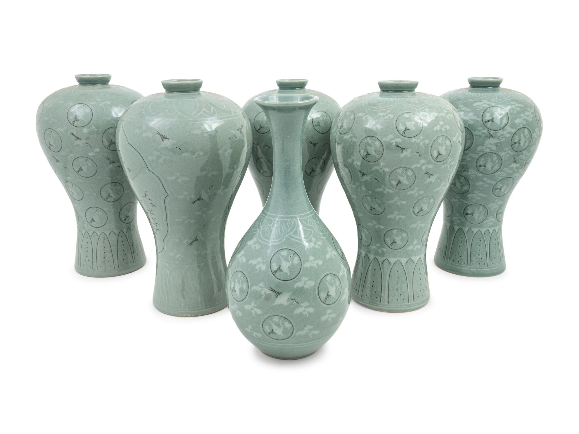 Six Korean Celadon Ground 'Crane and Cloud' Vases