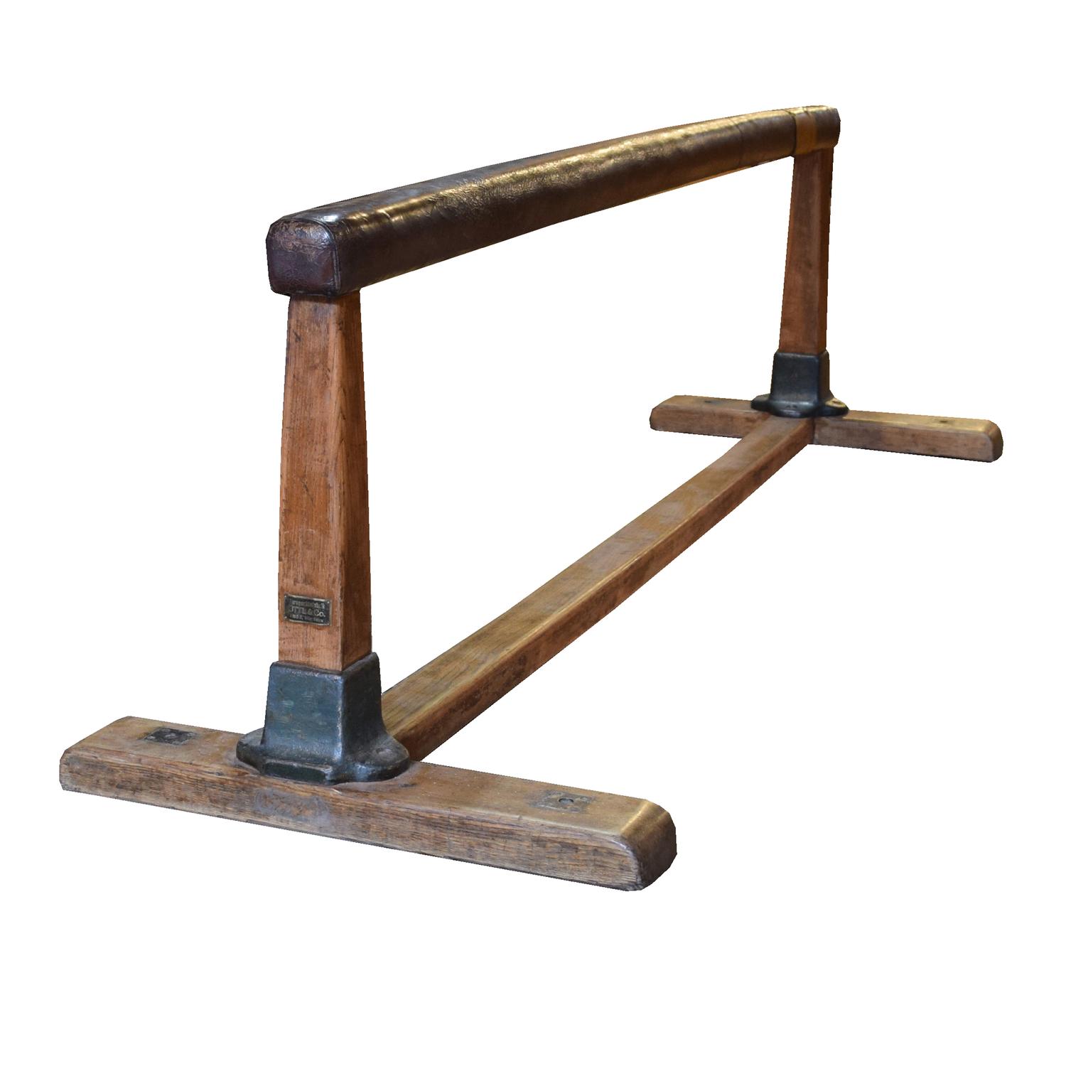 A Wood and Leather Balance Beam 95" W x 28" D x 27.5" H — Czech Republic, Circa 1930