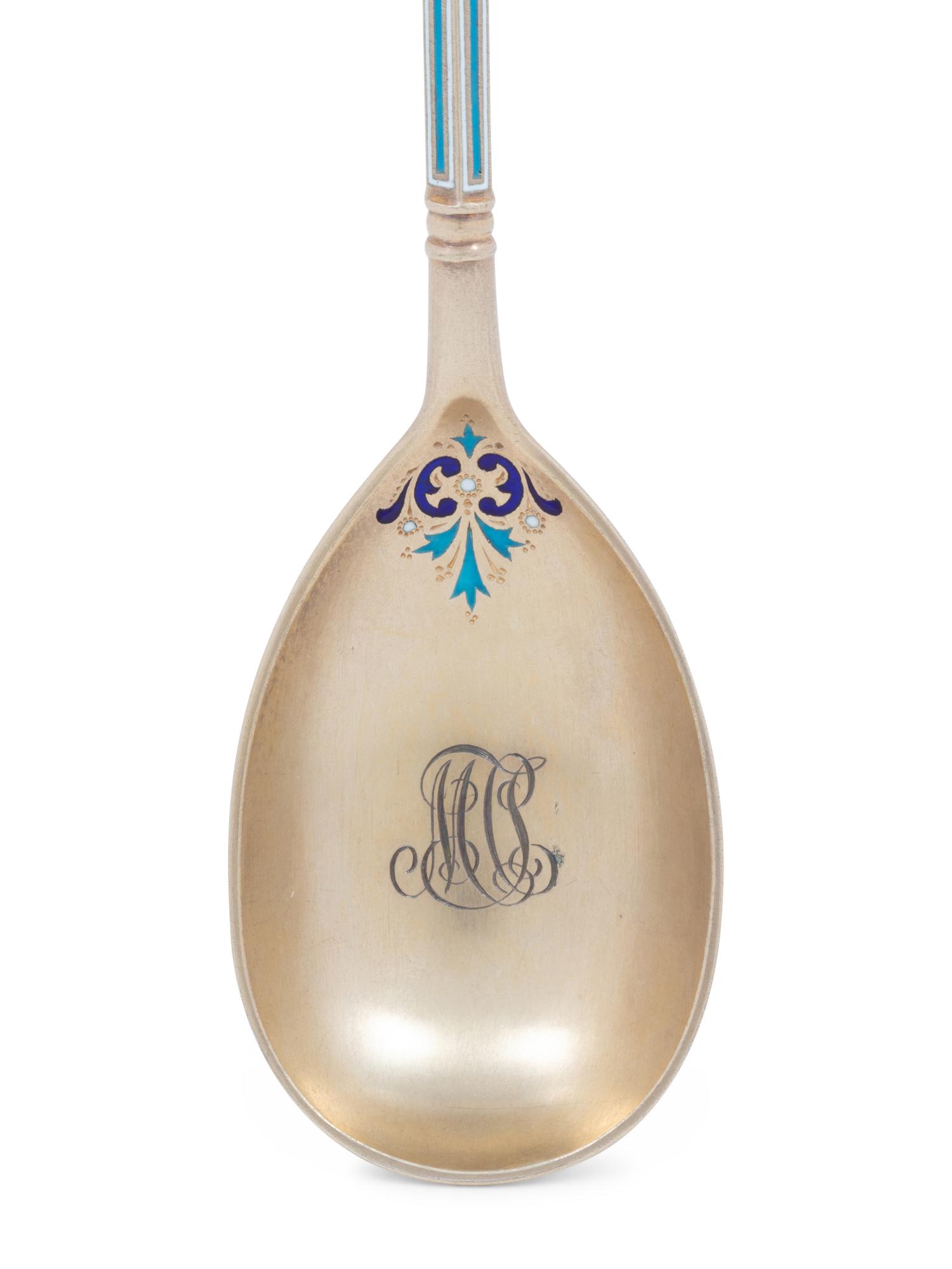 A Russian Guilloché Enameled Silver Spoon