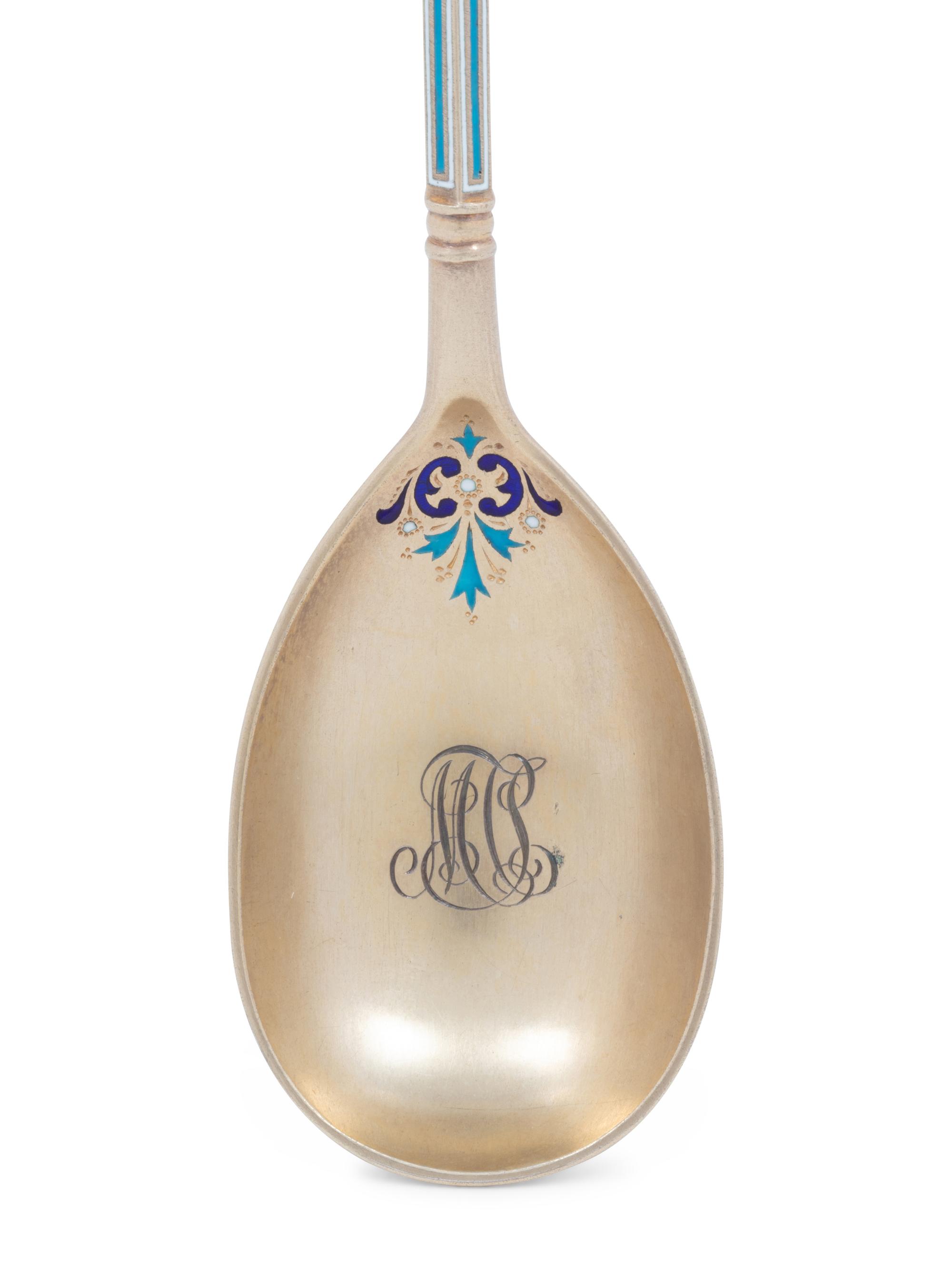 A Russian Guilloché Enameled Silver Spoon
