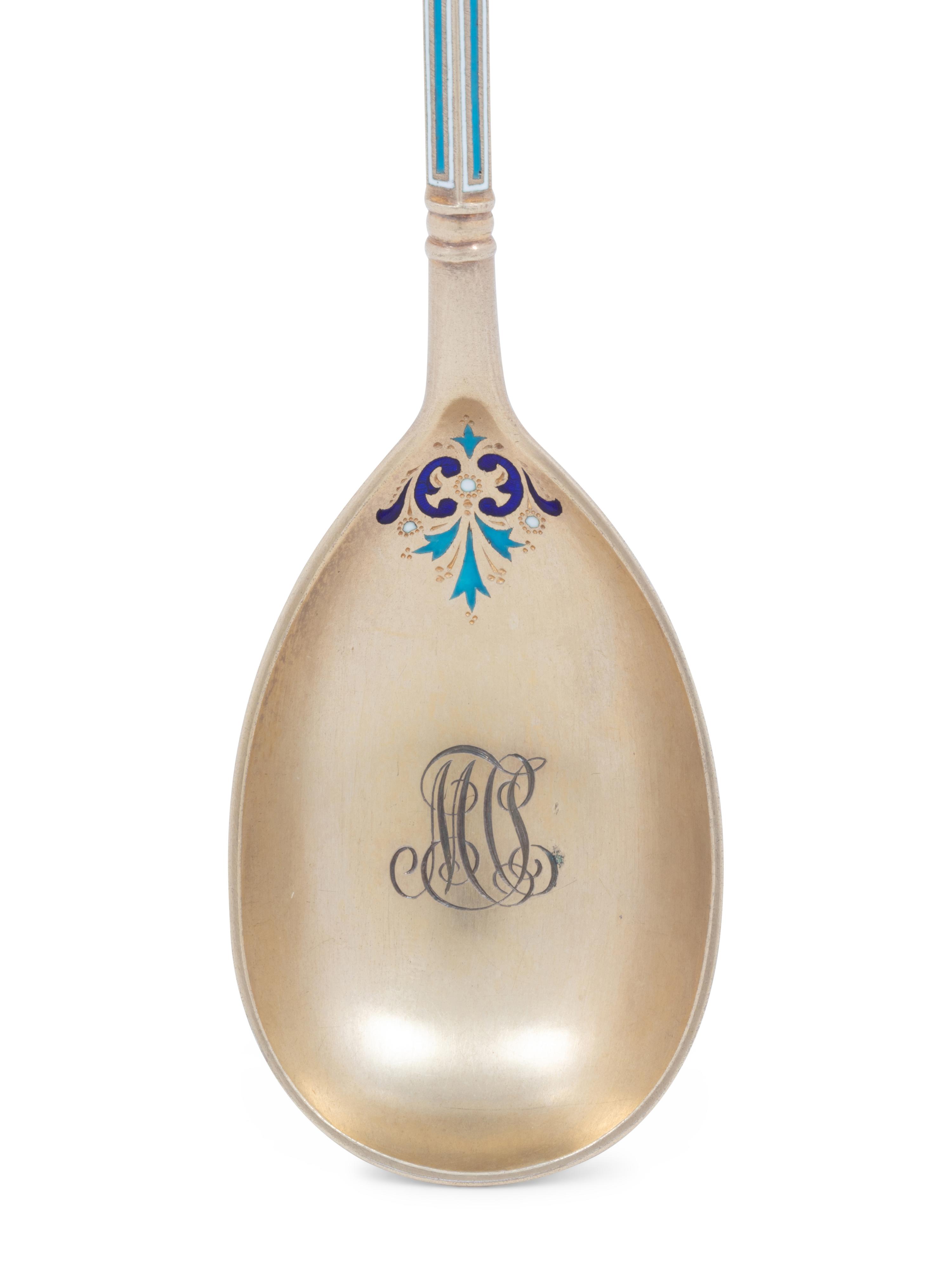 A Russian Guilloché Enameled Silver Spoon