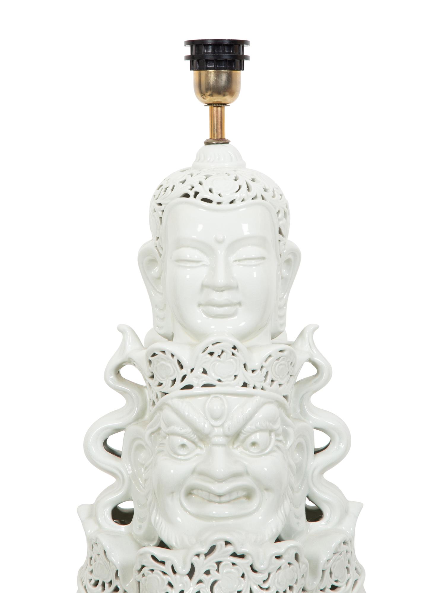 A Contemporary Blanc de Chine Porcelain Table Lamp with Mulit-Face Design