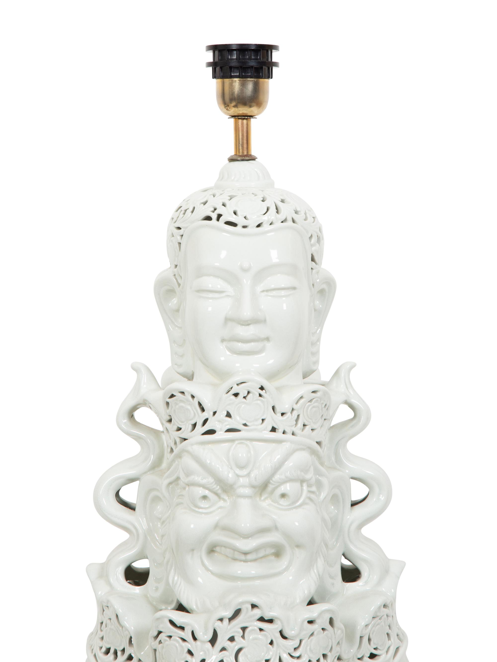 A Contemporary Blanc de Chine Porcelain Table Lamp with Mulit-Face Design