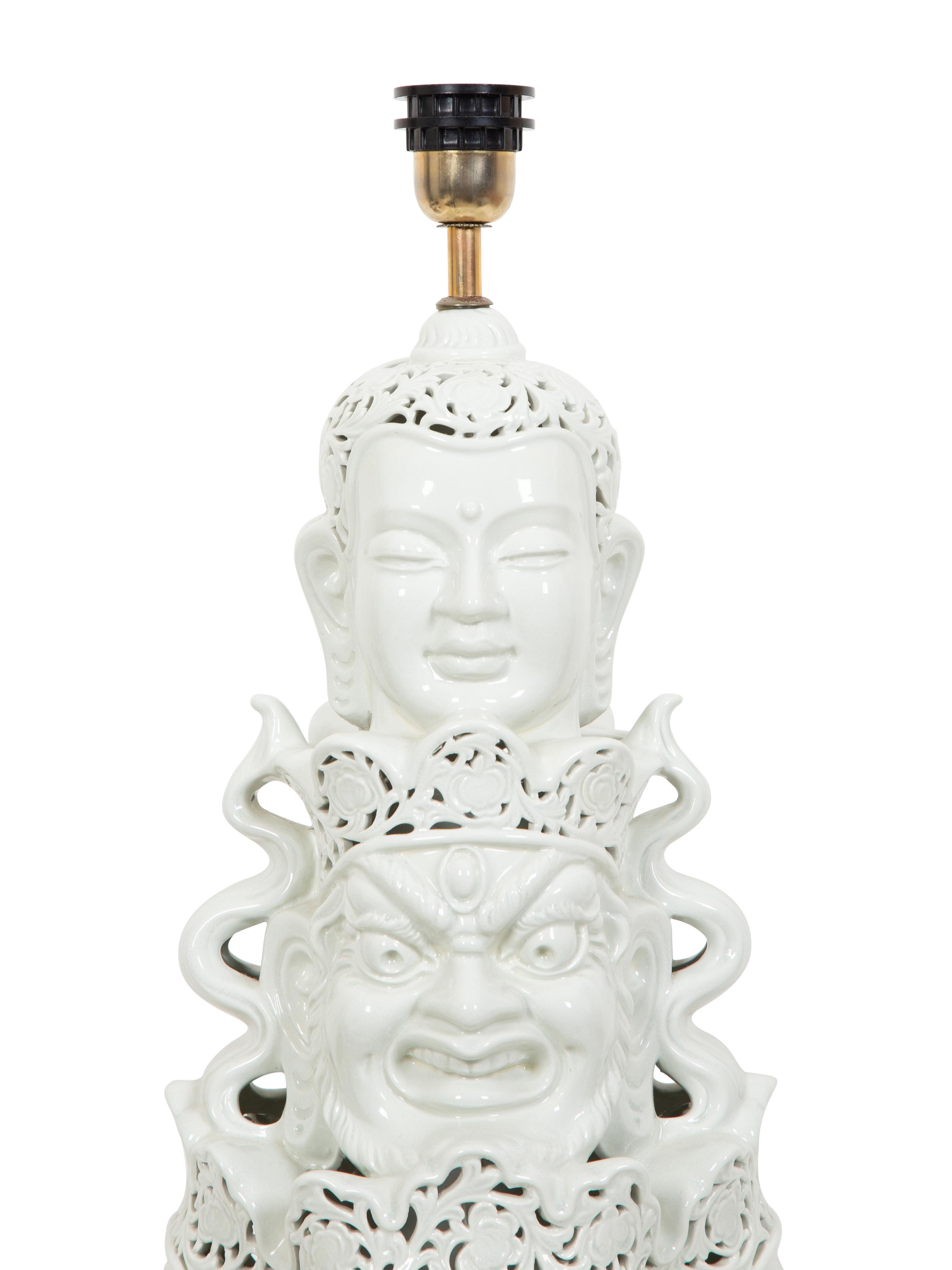 A Contemporary Blanc de Chine Porcelain Table Lamp with Mulit-Face Design