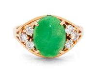 A Yellow Gold, Jade and Diamond Ring,