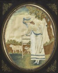 A George III Needlework Picture Depicting a Shepherdess with Sheep