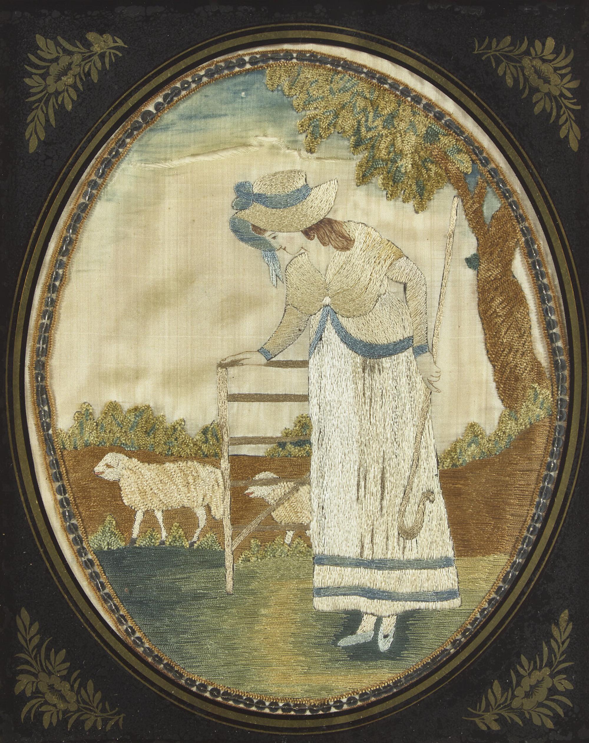 A George III Needlework Picture Depicting a Shepherdess with Sheep