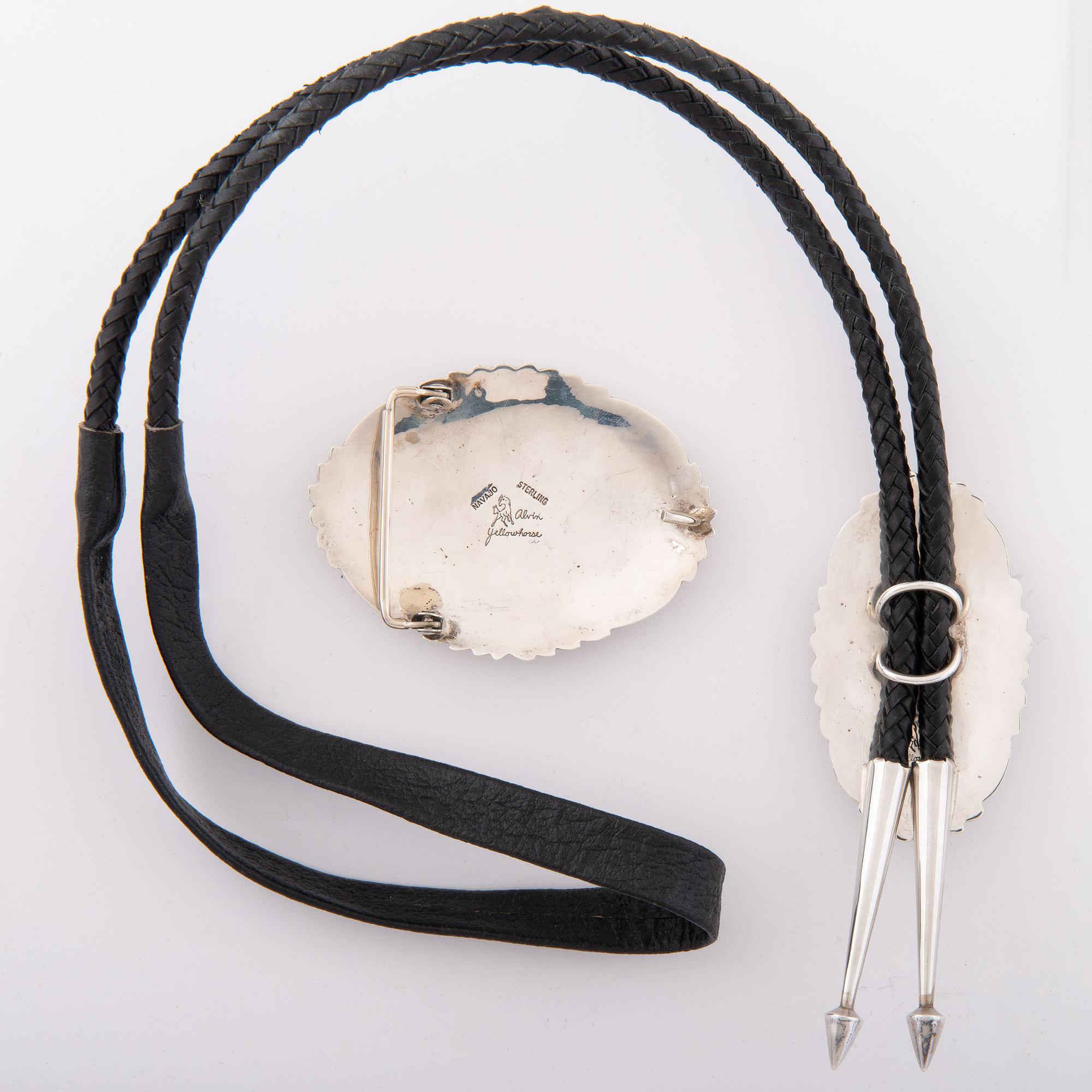 Sterling Silver and Mosaic Inlay Belt Buckle and Bolo Tie