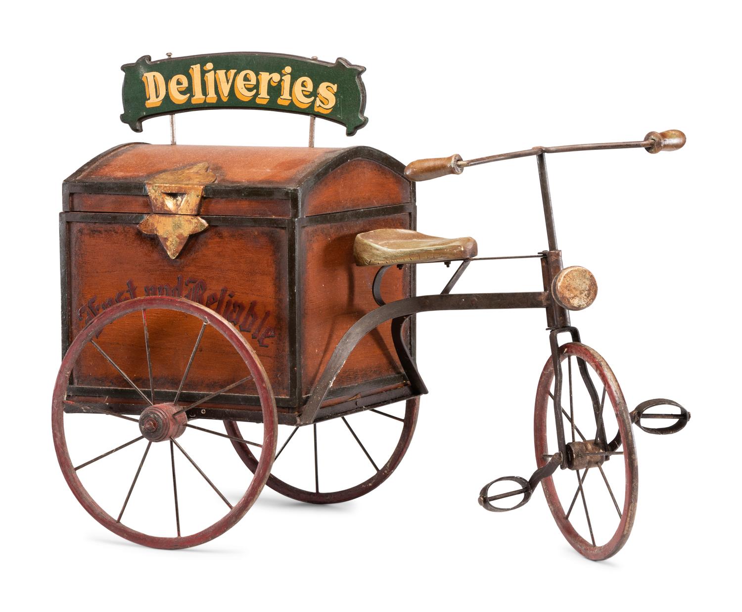 A Painted Wood and Iron Fast and Reliable Deliveries Child’s Tricycle