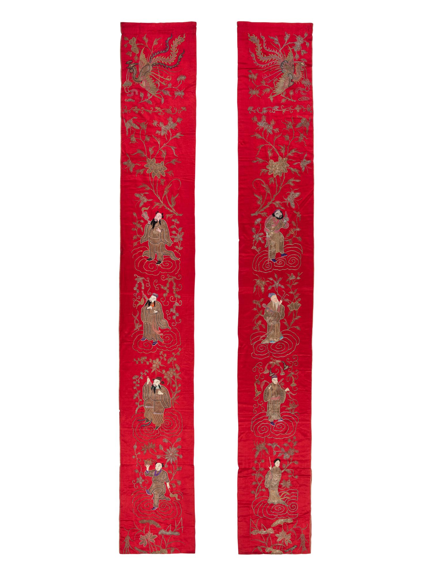 A Pair of Chinese Red Ground Embroidered Silk Panels