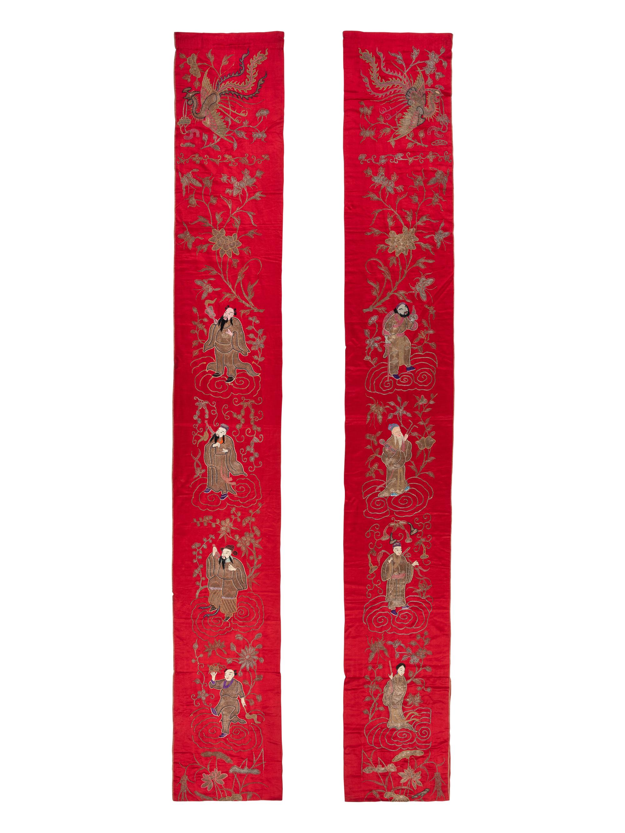 A Pair of Chinese Red Ground Embroidered Silk Panels