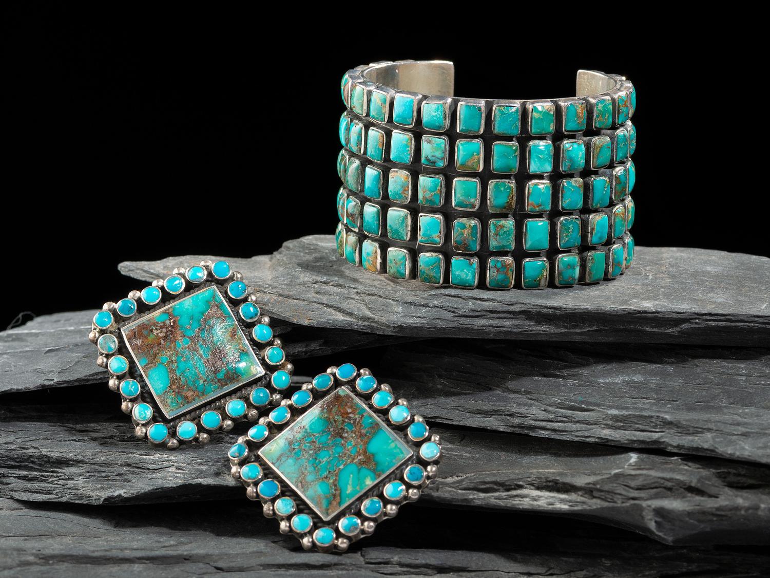 Sterling Silver and Turquoise Cluster Cuff Bracelet and Post Earrings