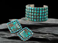 Sterling Silver and Turquoise Cluster Cuff Bracelet and Post Earrings