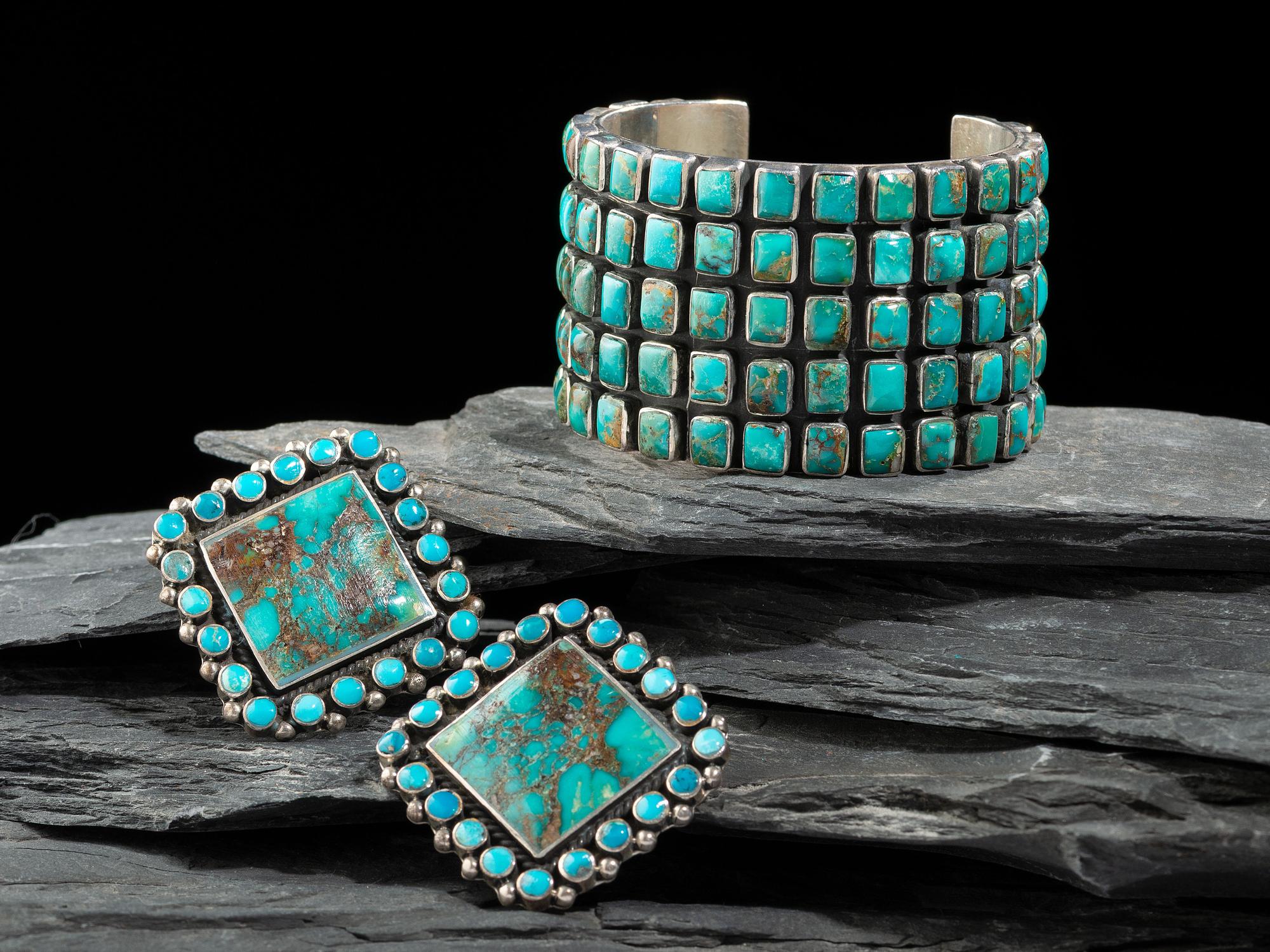 Sterling Silver and Turquoise Cluster Cuff Bracelet and Post Earrings