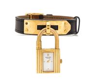 An Hermes Brown Leather Bracelet Watch, 7.5" x .5".
