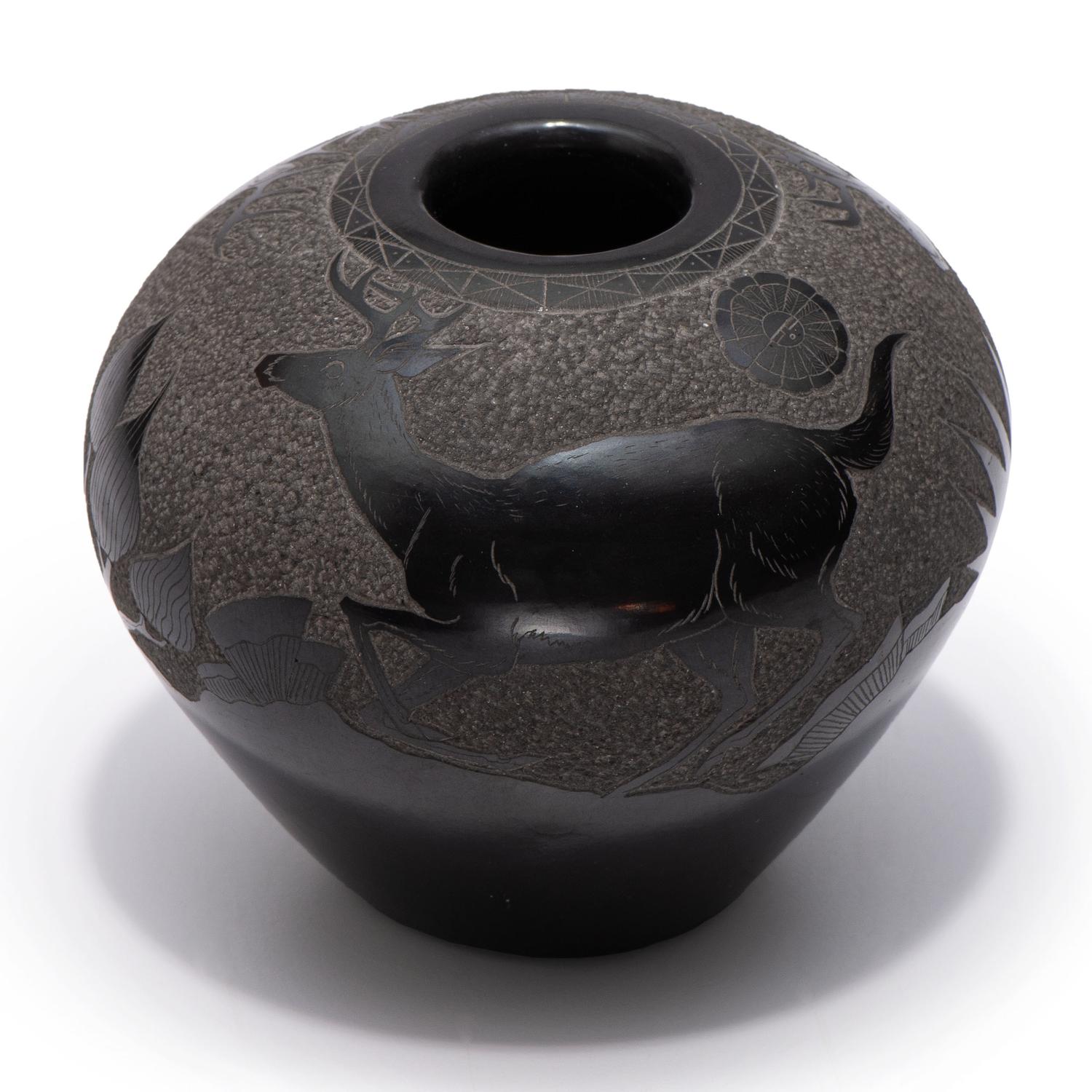 Blackware Sgraffito Pottery Jar, with Deer