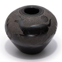 Blackware Sgraffito Pottery Jar, with Deer
