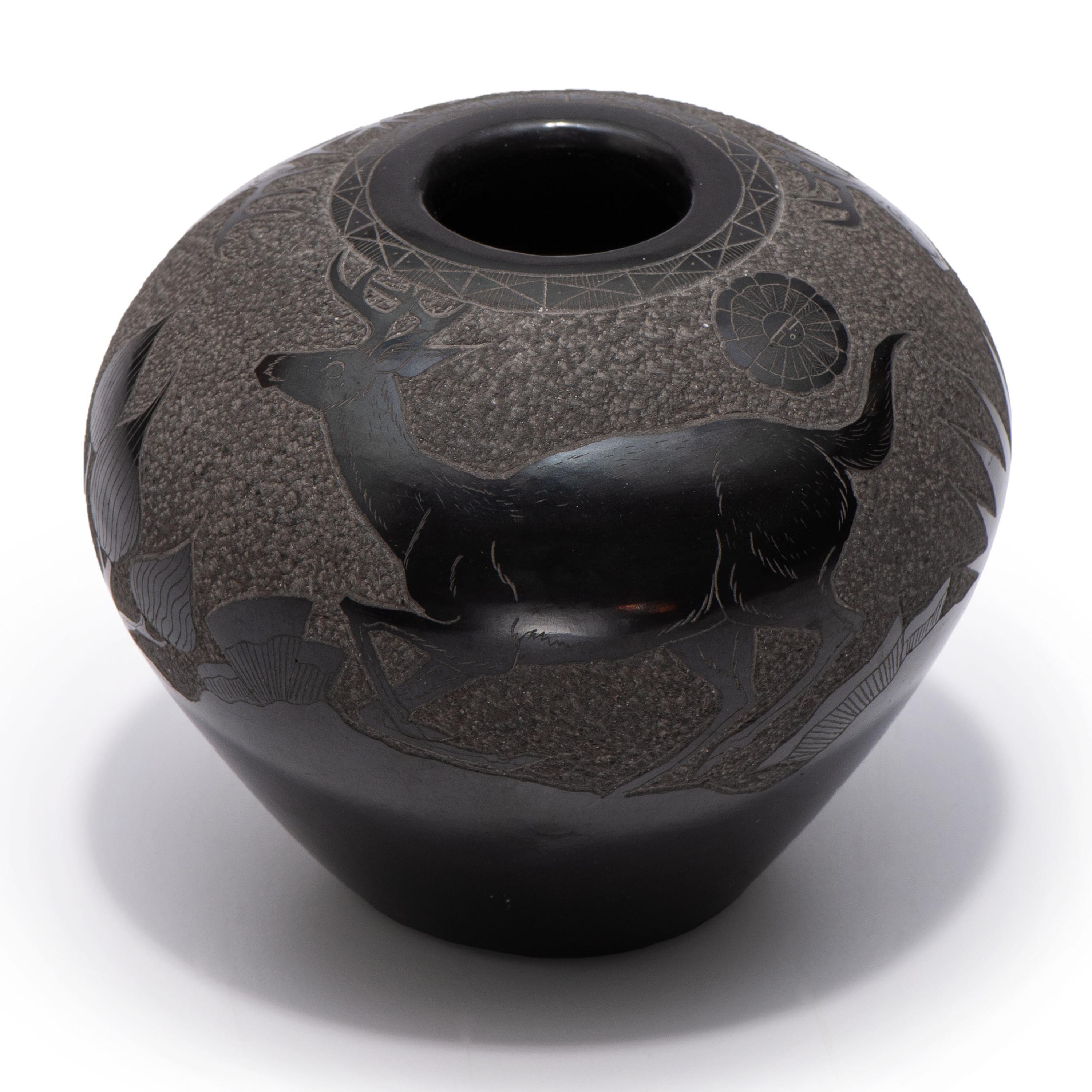 Blackware Sgraffito Pottery Jar, with Deer
