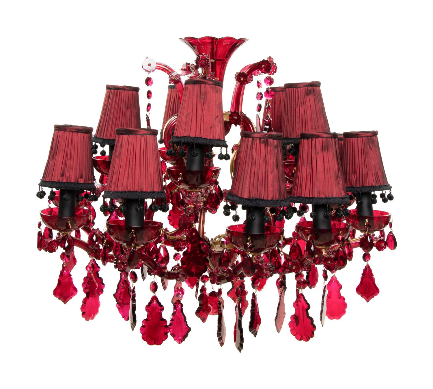 A Cranberry Glass Fifteen-Light Chandelier