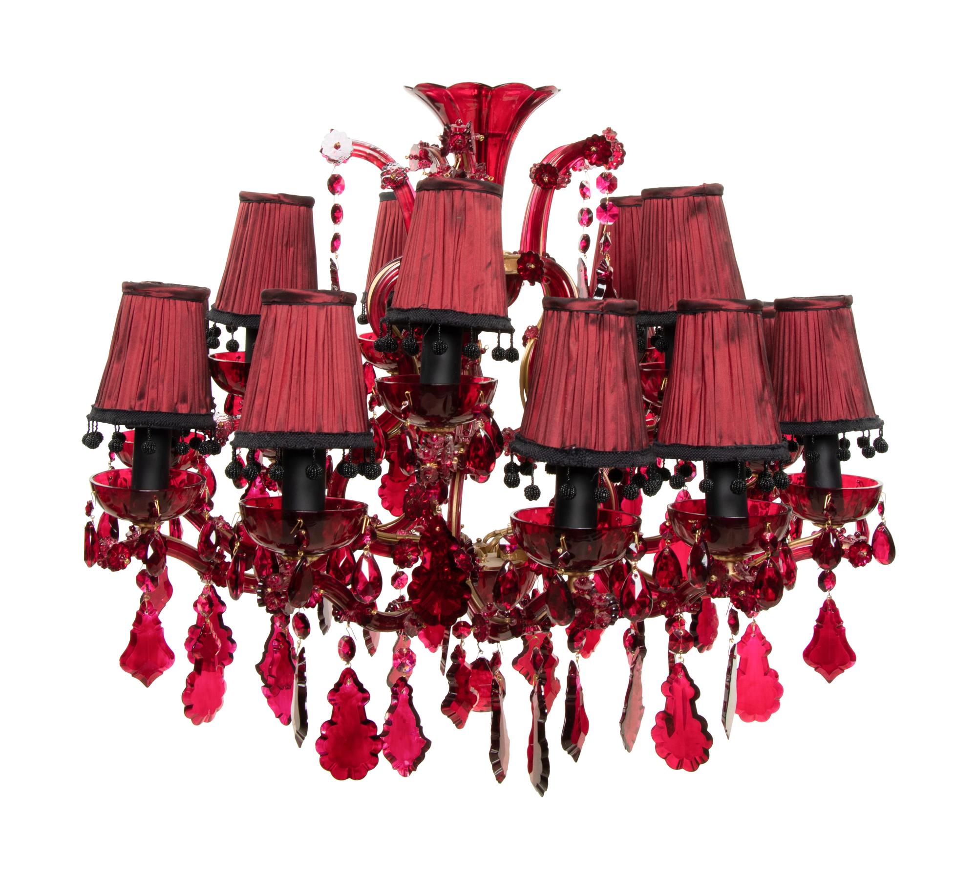 A Cranberry Glass Fifteen-Light Chandelier