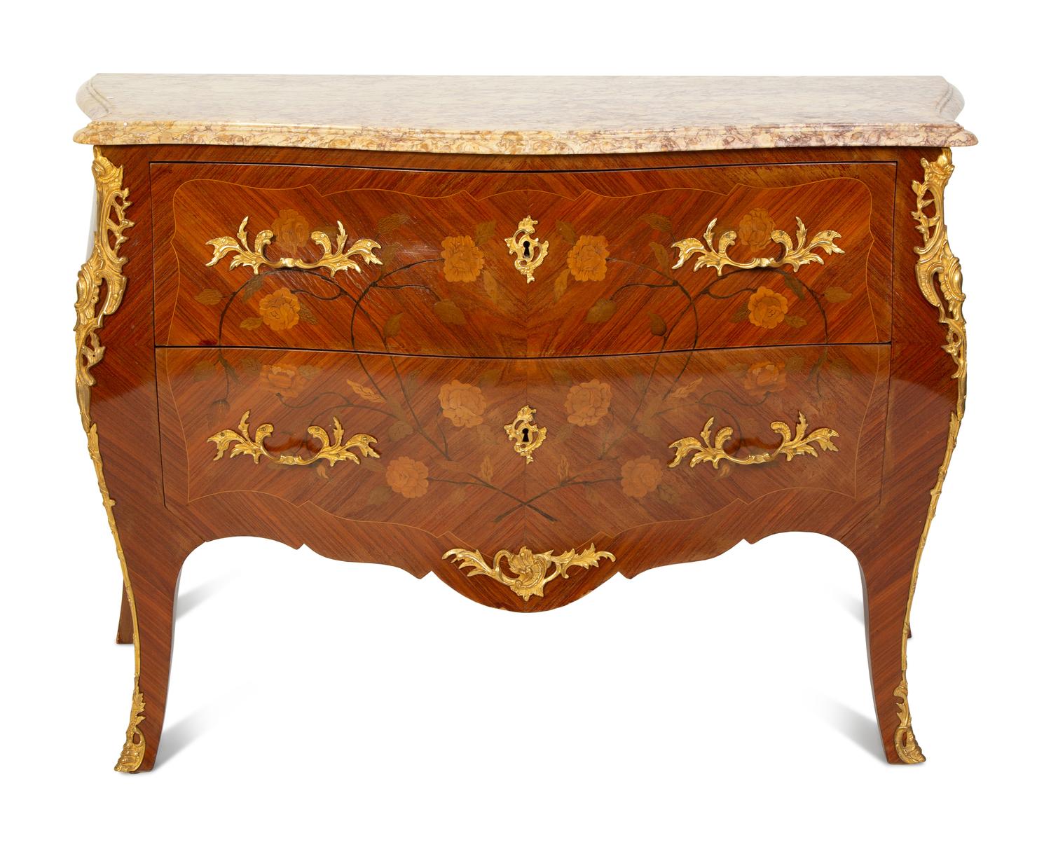 A Louis XV Style Gilt Bronze Mounted Marble-Top Bombe Commode — 20TH CENTURY