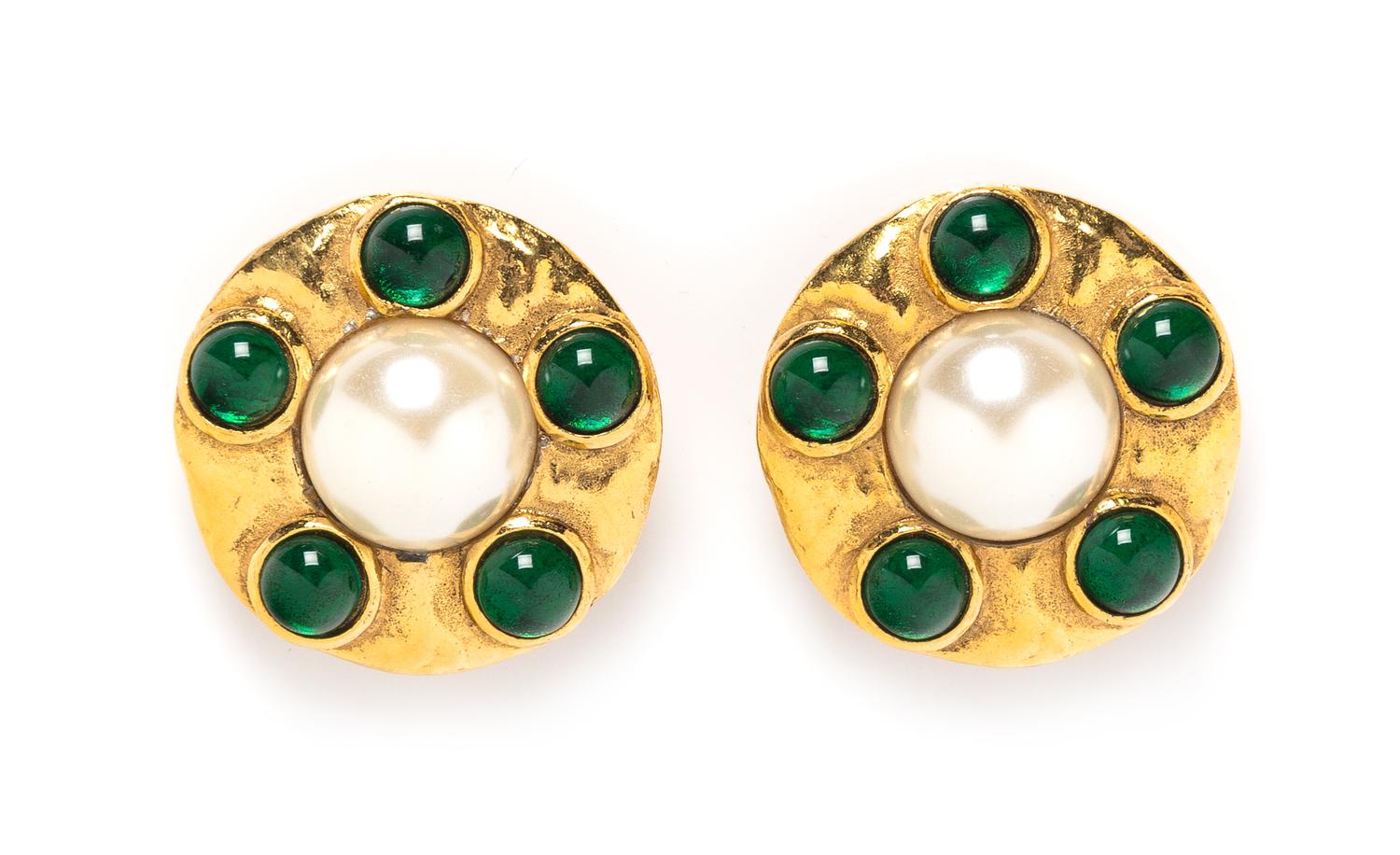 A Pair of Chanel Green Gripoix and Faux Pearl Goldtone Earclips, 1.5".