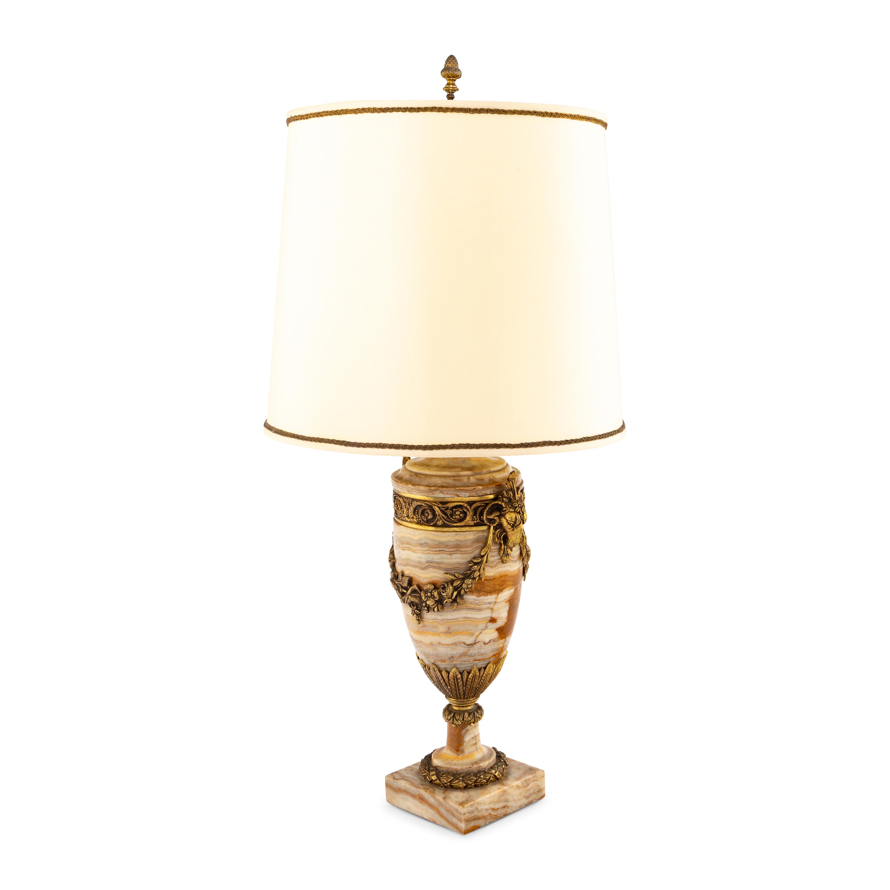 A Neoclassical Style Gilt Bronze Mounted Onyx Urn-Form Lamp